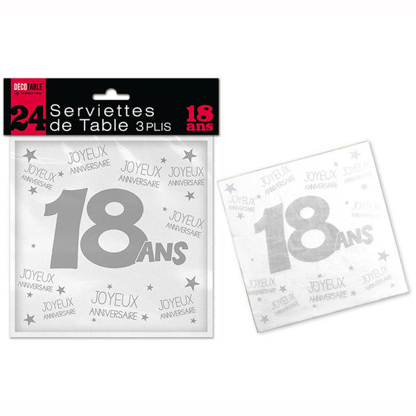 24 SERVIETTES DE TABLE "18 ANS" 3 PLIS,Farfouil en fÃªte,Nappes, serviettes