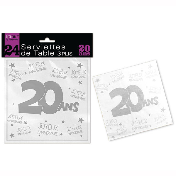 24 SERVIETTES DE TABLE "20 ANS" 3 PLIS,Farfouil en fÃªte,Nappes, serviettes