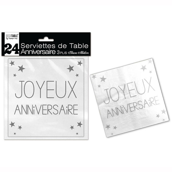 24 SERVIETTES DE TABLE "JOYEUX ANNIVERSAIRE" BLANC ALBÂTRE 3 PLIS,Farfouil en fÃªte,Nappes, serviettes