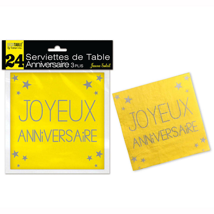 24 SERVIETTES DE TABLE "JOYEUX ANNIVERSAIRE" JAUNE SOLEIL 3 PLIS,Farfouil en fÃªte,Nappes, serviettes