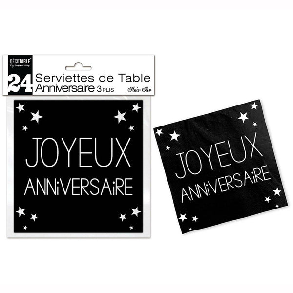 24 SERVIETTES DE TABLE "JOYEUX ANNIVERSAIRE" NOIR PUR 3 PLIS,Farfouil en fÃªte,Nappes, serviettes