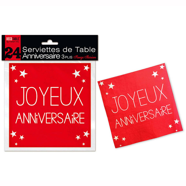 24 SERVIETTES DE TABLE "JOYEUX ANNIVERSAIRE" ROUGE PASSION 3 PLIS,Farfouil en fÃªte,Nappes, serviettes
