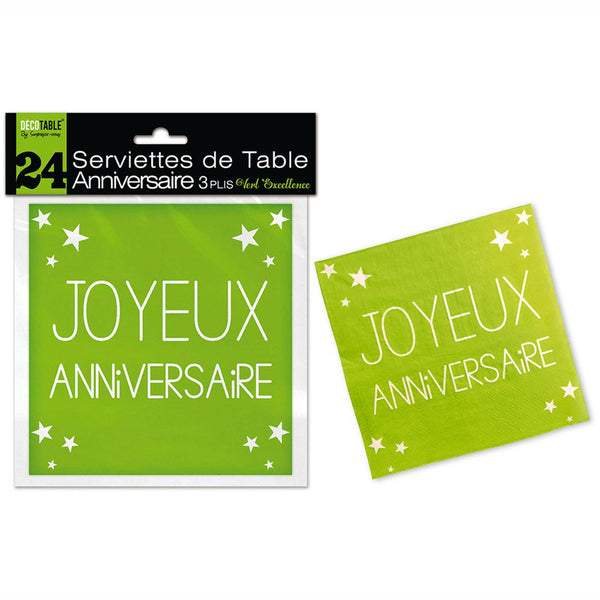 24 SERVIETTES DE TABLE "JOYEUX ANNIVERSAIRE" VERT EXCELLENCE 3 PLIS,Farfouil en fÃªte,Nappes, serviettes