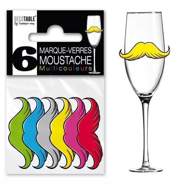 6 Marques verres multicolores - Modèles au choix,Moustache,Farfouil en fÃªte,Marques places, marques verres, étiquettes, porte-nom