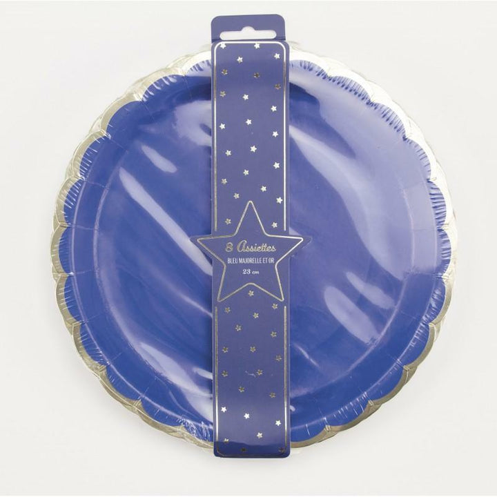 8 assiettes festonnées de 23 cm bleu majorelle et or,Farfouil en fÃªte,Assiettes, sets de table