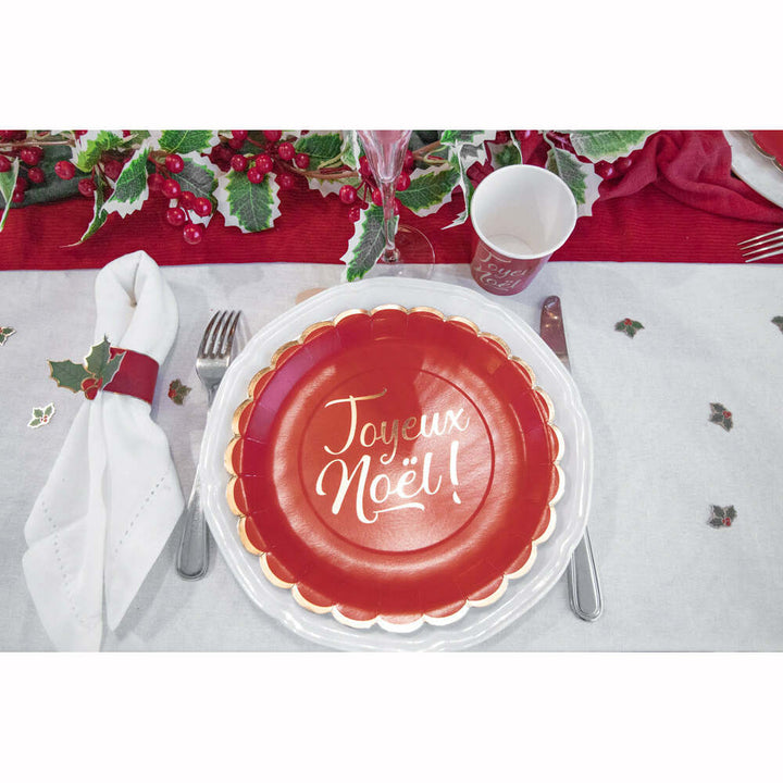 8 assiettes festonnées de 23 cm rouge et or Joyeux Noël,Farfouil en fÃªte,Assiettes, sets de table