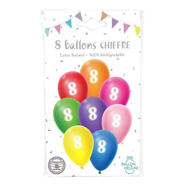 8 ballons latex multicolores avec chiffre 8 de 30 cm,Farfouil en fÃªte,Ballons