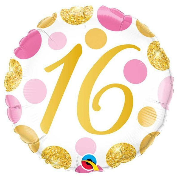 BALLON ALU HAPPY BIRTHDAY "16" POIS ROSE ET OR 45 CM 18" QUALATEX,Farfouil en fÃªte,Ballons