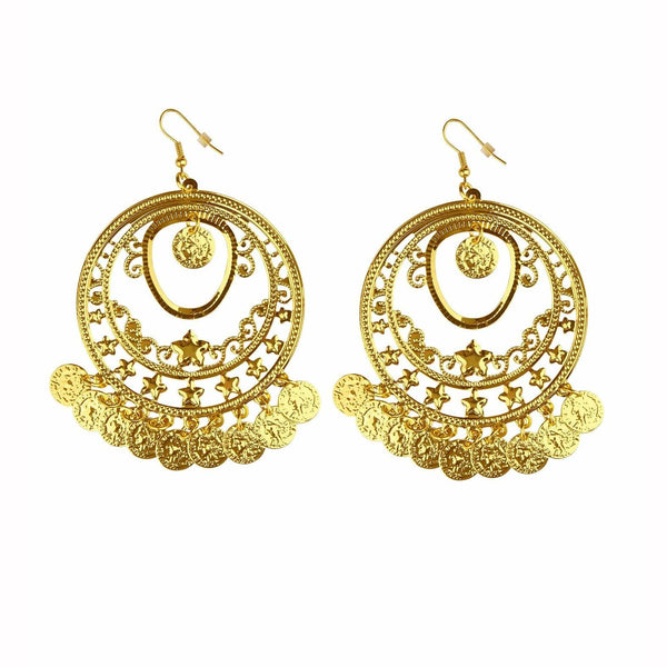 Boucles d'oreilles dorées de voyante gitane avec symboles et pièces,Farfouil en fÃªte,Bijoux