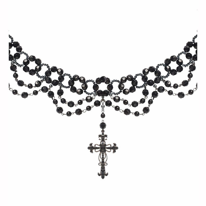 Collier perles gothique avec pendentif croix noir,Farfouil en fÃªte,Bijoux