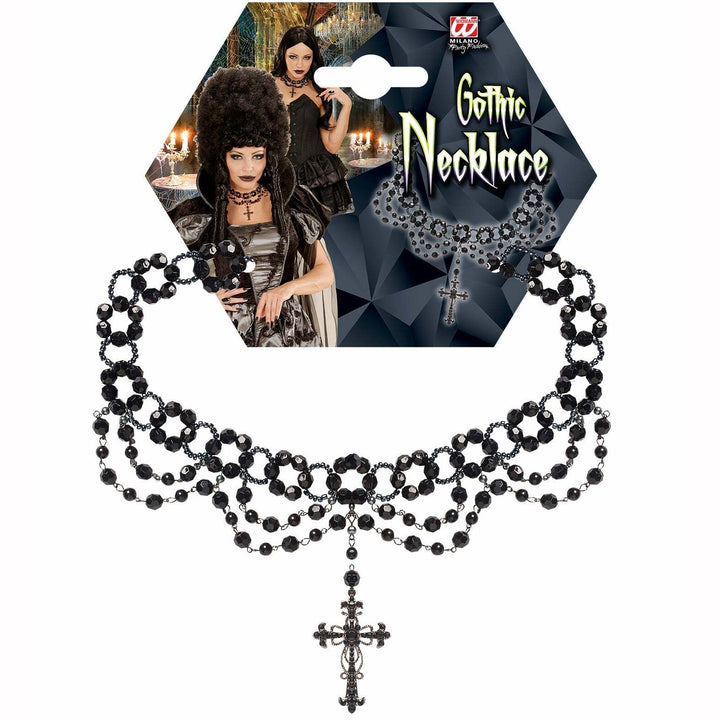 Collier perles gothique avec pendentif croix noir,Farfouil en fÃªte,Bijoux