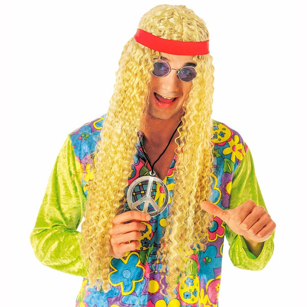 Perruque adulte hippie blonde bouclée avec bandeau,Farfouil en fÃªte,Perruque