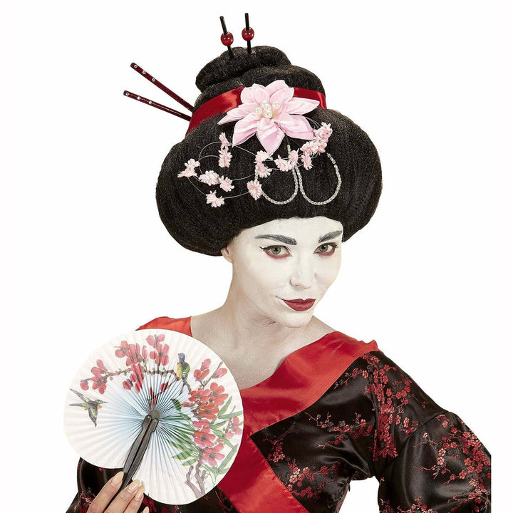 Perruque Geisha avec fleurs et baguettes adulte,Farfouil en fÃªte,Perruque