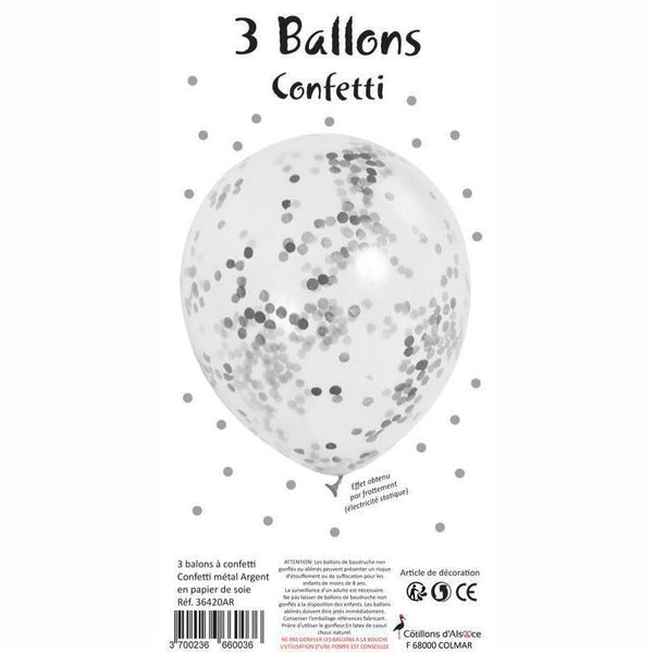 SACHET 3 BALLONS CONFETTIS ARGENT,Farfouil en fÃªte,Ballons