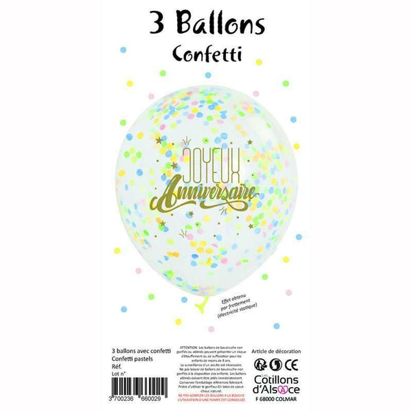 SACHET 3 BALLONS JOYEUX ANNIVERSAIRE CONFETTIS PASTEL,Farfouil en fÃªte,Ballons