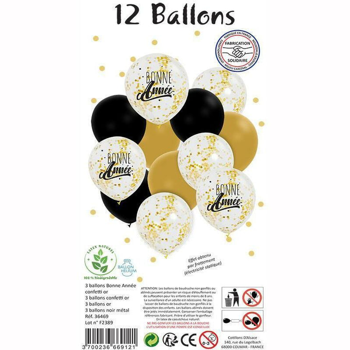 SACHET DE 12 BALLONS (3 BONNE ANNÉE / 3 OR / 3 NOIRS / 3 CONFETTIS),Farfouil en fÃªte,Ballons