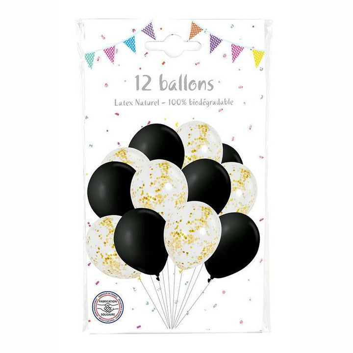 Sachet de 12 ballons noirs + confettis or,Farfouil en fÃªte,Ballons