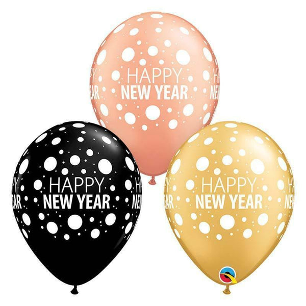 SACHET DE 25 BALLONS HAPPY NEW YEAR NOIR OR ET ROSE GOLD 11" QUALATEX,Farfouil en fÃªte,Ballons