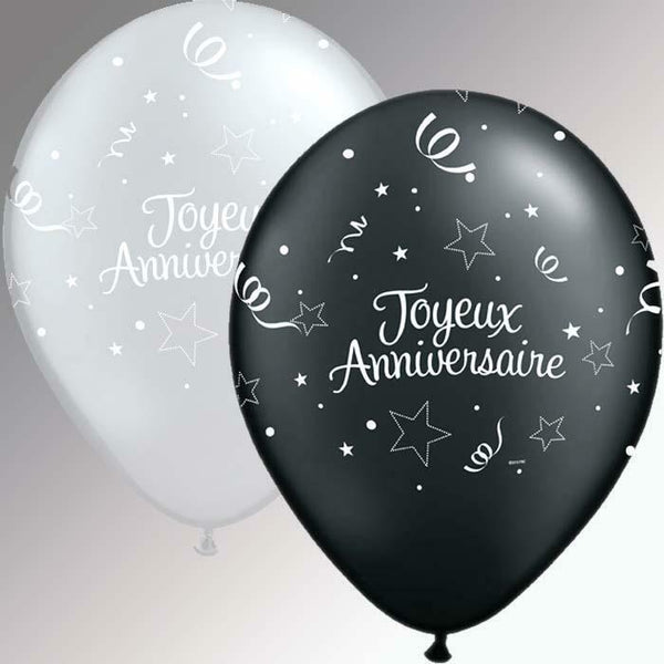 SACHET DE 50 BALLONS "JOYEUX ANNIVERSAIRE" NOIR/ARGENT 11" QUALATEX,Farfouil en fÃªte,Ballons