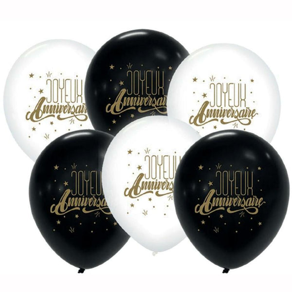 Sachet de 6 ballons Blancs et Noirs Joyeux Anniversaire 28 cm,Farfouil en fÃªte,Ballons