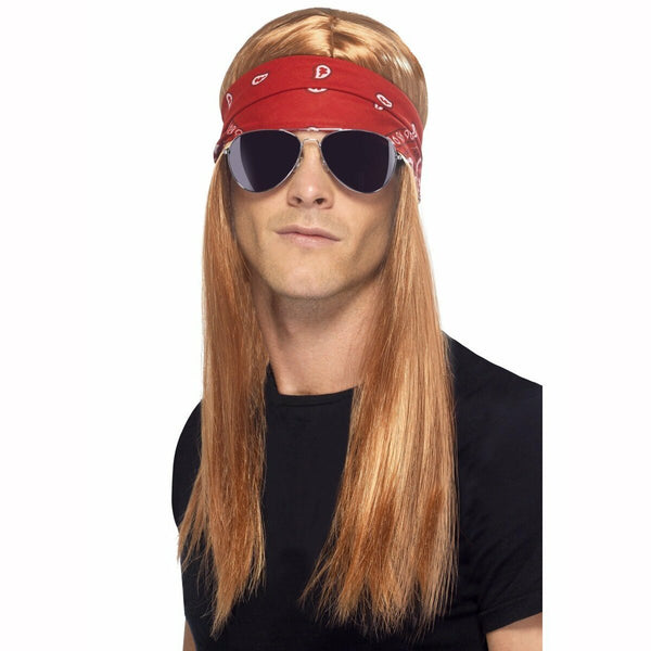 Kit rocker des années 90 avec perruque brune, bandana et lunettes de soleil,Farfouil en fÃªte,Perruque