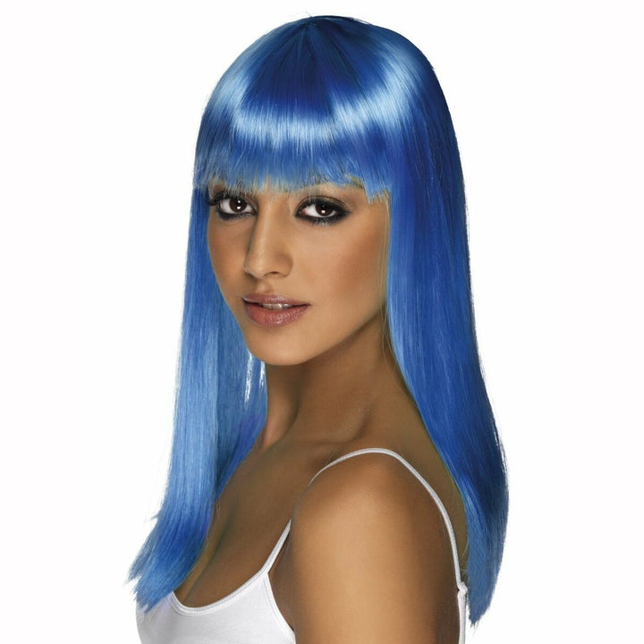 Perruque bleu fluo cheveux lisse avec frange glamourama adulte,Farfouil en fÃªte,Perruque